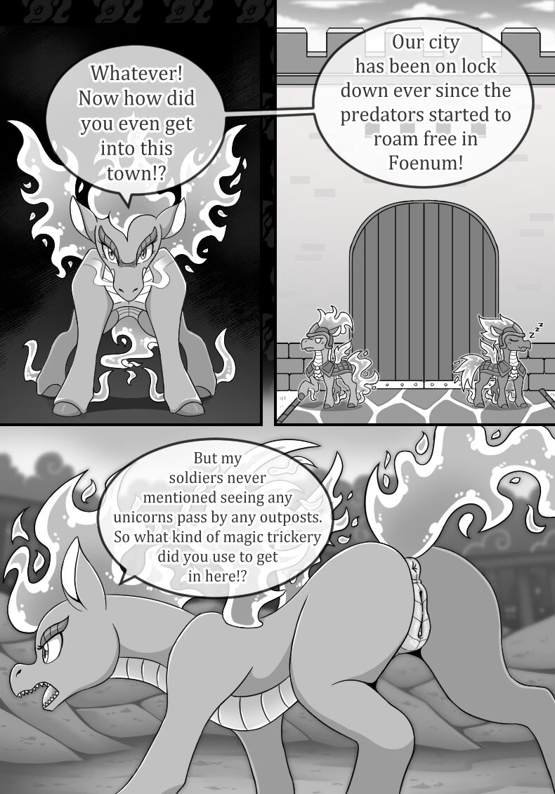 2022 angry anus asian_mythology butt chinese_mythology comic crossover dialogue digital_media_(artwork) dragon east_asian_mythology english_text equid equine eyelashes female feral fire flaming_hair flaming_mane flaming_tail flaming_wings gate genitals greyscale guard hooves horse hybrid longma male mammal monochrome mythology offscreen_character open_mouth pony pseudo_hair pseudo_mane pussy quadruped rear_view sleeping sound_effects speech_bubble text them's_fightin'_herds tianhuo_(tfh) vavacung wings zzz