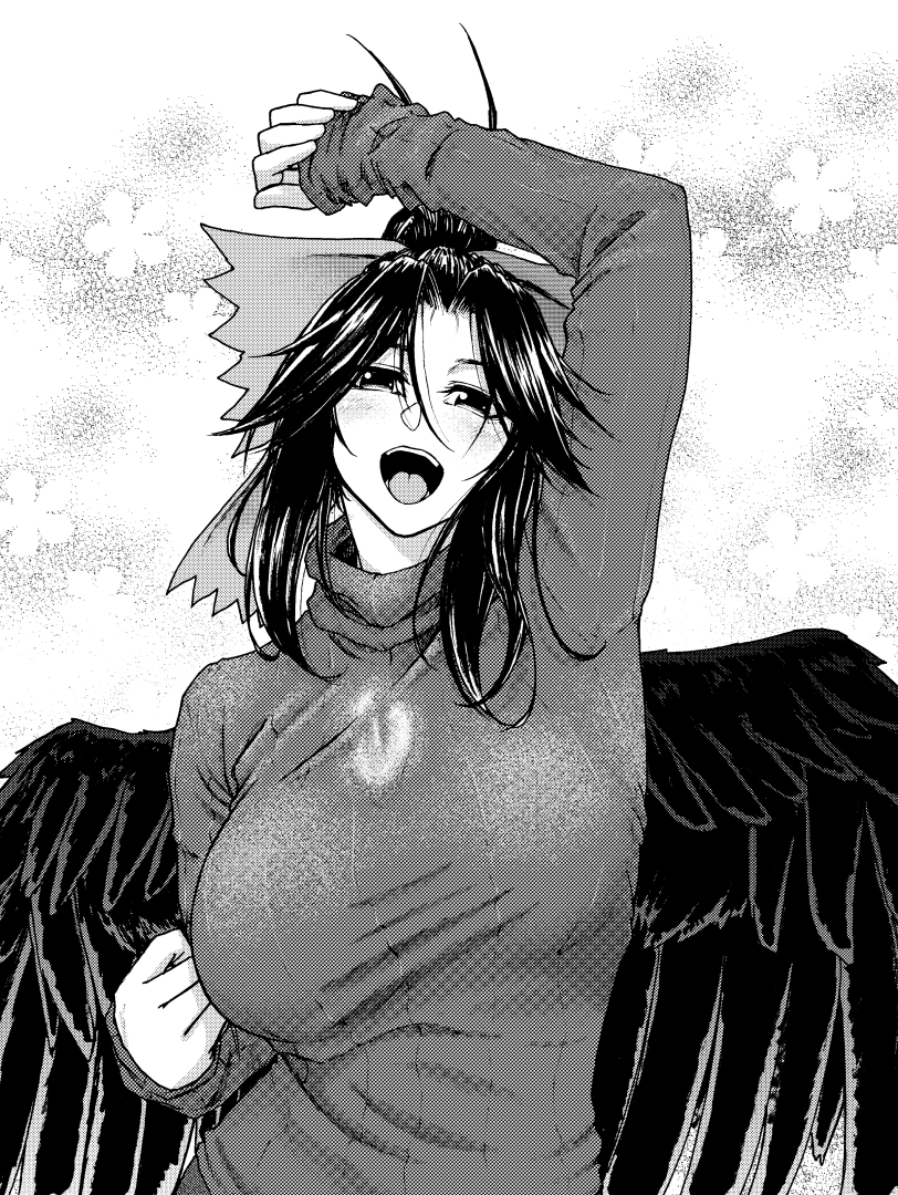 accessory animal_humanoid avian avian_humanoid big_breasts bird_humanoid black_body black_feathers black_hair blush bow_(disambiguation) bow_(feature) bow_accessory bow_ribbon breasts clothed clothing feathers female hair hair_accessory hair_bow hair_ribbon huge_breasts humanoid looking_at_viewer mkybm monochrome open_mouth raised_arm ribbons simple_background solo sweater topwear touhou utsuho_reiuji video_games white_background winged_humanoid wings