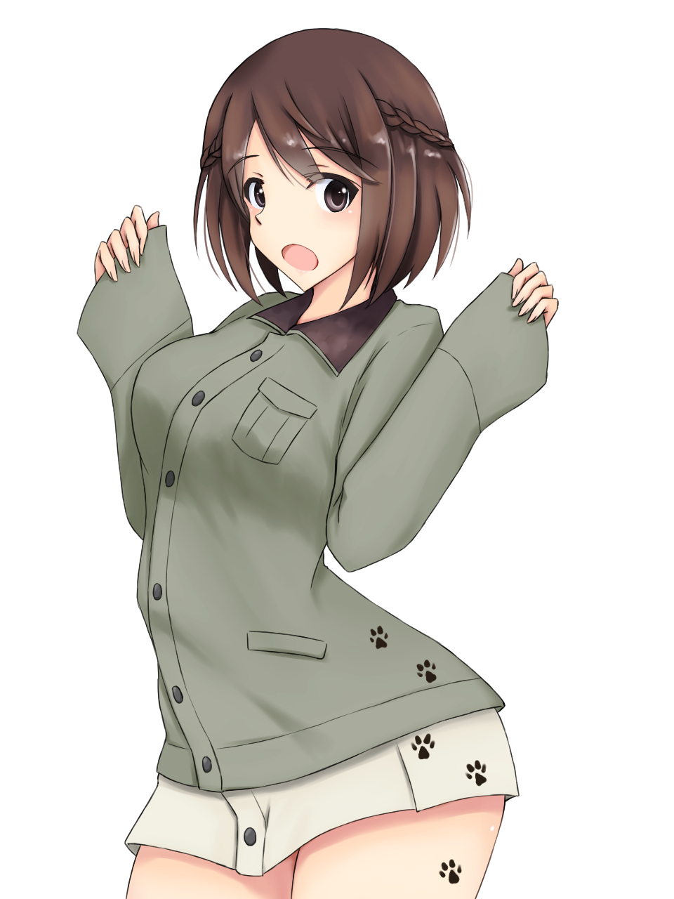 1girl :o arms_up ass_visible_through_thighs braid breast_pocket brown_eyes brown_hair buttons commentary_request contrapposto crown_braid fingernails grey_jacket grey_shirt highres isosceles_triangle_(xyzxyzxyz) jacket long_fingernails long_sleeves looking_at_viewer luminous_witches medium_hair paw_print pocket shibuya_inori shirt solo thighs world_witches_series