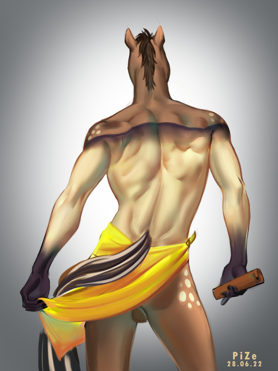 2022 5_fingers anthro arthus_(wasen) balls bottomwear bottomwear_aside brown_hair clothing clothing_aside digital_media_(artwork) equid equine fingers genitals hair hi_res horse loincloth loincloth_aside male mammal multicolored_body muscular pize simple_background solo tail_aside two_tone_body two_tone_tail