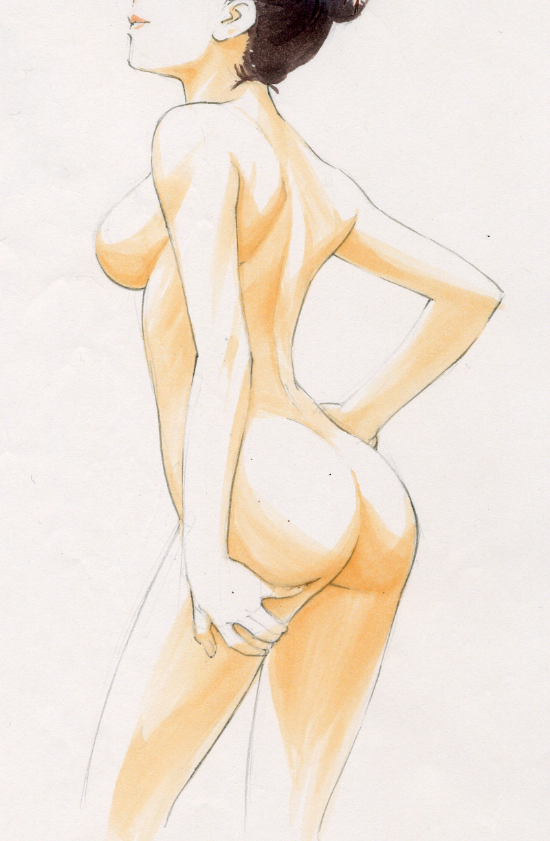 ass back breasts gorigo hands head_out_of_frame highres medium_breasts nude original simple_background solo traditional_media
