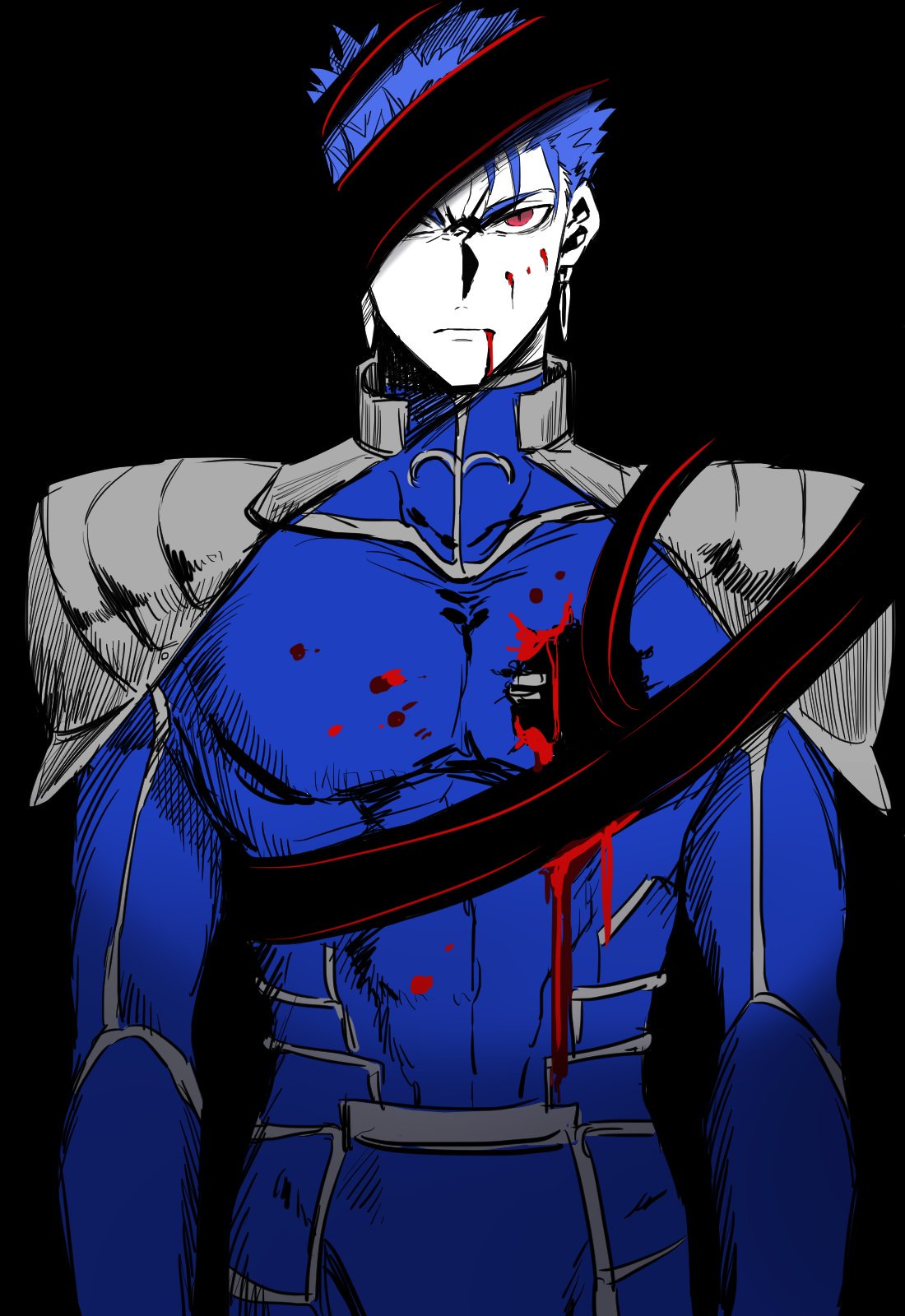 1boy black_background blood blood_from_mouth blue_bodysuit blue_hair bodysuit closed_mouth commentary_request earrings fate/stay_night fate_(series) highres holy_grail_(fate) jewelry lancer limited_palette looking_at_viewer red_eyes shoulder_armor slit_pupils solo spaulders standing takashi_(onikukku)
