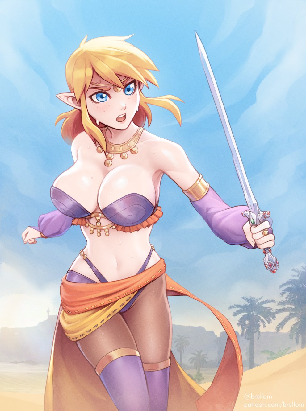 1girl alternate_costume armlet bikini blonde_hair blue_eyes blue_sky boots breasts brellom circlet cleavage cosplay day desert detached_sleeves fighting_stance freckles genderswap genderswap_(mtf) harem_outfit highleg highleg_bikini highres holding holding_sword holding_weapon impossible_clothes jewelry large_breasts left-handed link link_(shounen_captain) necklace open_mouth pantyhose purple_bikini purple_footwear purple_sleeves ring sarong senya_(dq11) senya_(dq11)_(cosplay) sheikah sky solo strapless strapless_bikini sweat swimsuit sword teeth the_legend_of_zelda the_legend_of_zelda:_a_link_to_the_past thigh_boots thighhighs upper_teeth weapon