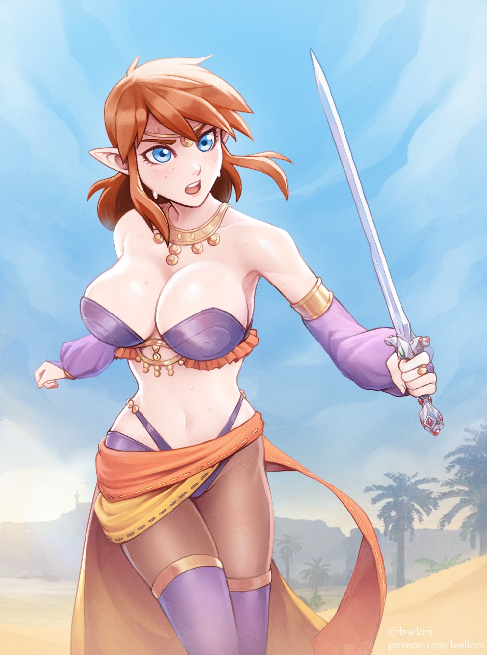 1girl alternate_costume armlet bikini blue_eyes blue_sky boots breasts brellom brown_hair circlet cleavage cosplay day desert detached_sleeves fighting_stance freckles genderswap genderswap_(mtf) harem_outfit highleg highleg_bikini highres holding holding_sword holding_weapon impossible_clothes jewelry large_breasts left-handed link link_(shounen_captain) necklace open_mouth pantyhose purple_bikini purple_footwear purple_sleeves ring sarong senya_(dq11) senya_(dq11)_(cosplay) sheikah sky solo strapless strapless_bikini sweat swimsuit sword teeth the_legend_of_zelda the_legend_of_zelda:_a_link_to_the_past thigh_boots thighhighs upper_teeth weapon