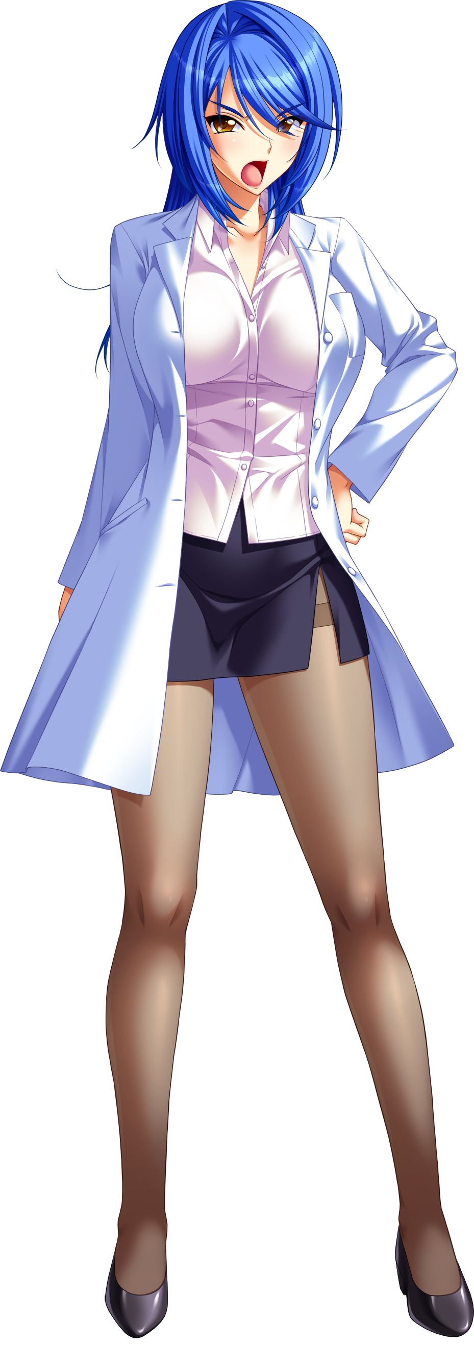 1girl absurdres black_footwear black_skirt blue_hair breasts chijoku_no_seifuku full_body hair_intakes hand_on_hip highres labcoat large_breasts long_hair long_sleeves miniskirt mizushima_oonari non-web_source official_art open_mouth pantyhose pencil_skirt photoshop_(medium) side_slit skirt solo standing tachi-e thighband_pantyhose toyomori_aya transparent_background yellow_eyes