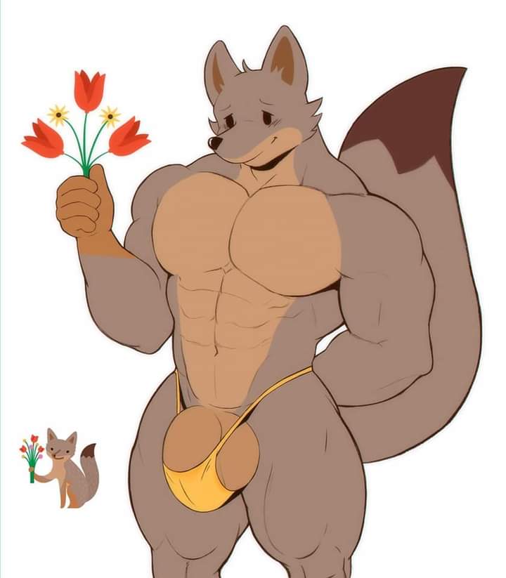 abs barely_visible_genitalia blush blush_lines bottomwear_only brown_body brown_fur canid canine clothing facebook_fox facebook_stickers flower fox fur genitals male mammal muscular muscular_male pecs plant solo tagme thong underwear unknown_artist yellow_clothing