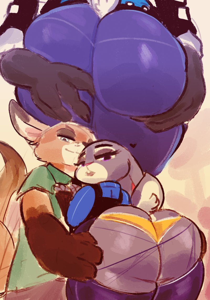 &lt;3 anthro anthro_on_anthro big_butt bottomwear butt butt_grab canid canine clothed clothing disney duo female fingers fox fur grey_body grey_fur hand_on_butt hand_on_chest huge_butt interspecies judy_hopps kiseff lagomorph leporid long_ears looking_back male mammal narrowed_eyes nick_wilde open_mouth orange_body orange_fur panties pants purple_eyes rabbit standing thick_thighs torn_clothing underwear wardrobe_malfunction white_body white_fur zootopia