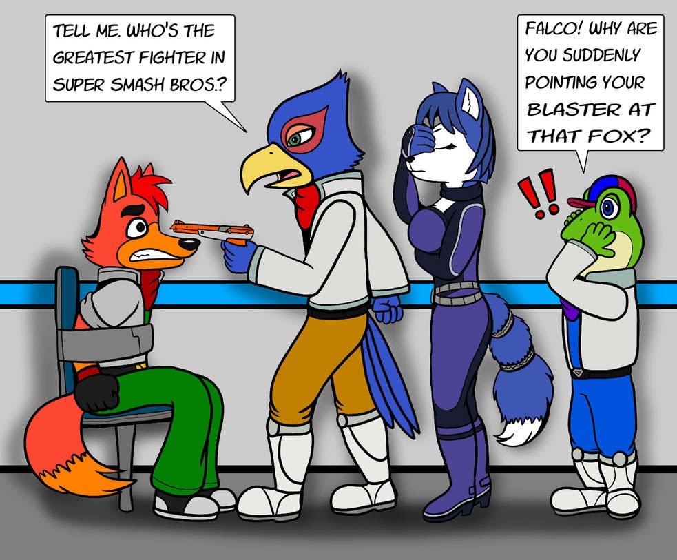 amphibian anthro asking avian balloon bird blaster blaster_pistol bound canid canine chair facepalm falco_lombardi falcon falconid female fox frog furniture group imposter inflatable interrogation krystal male mammal nintendo original_characters question scared shocked slippy_toad star_fox video_games vixdojofox