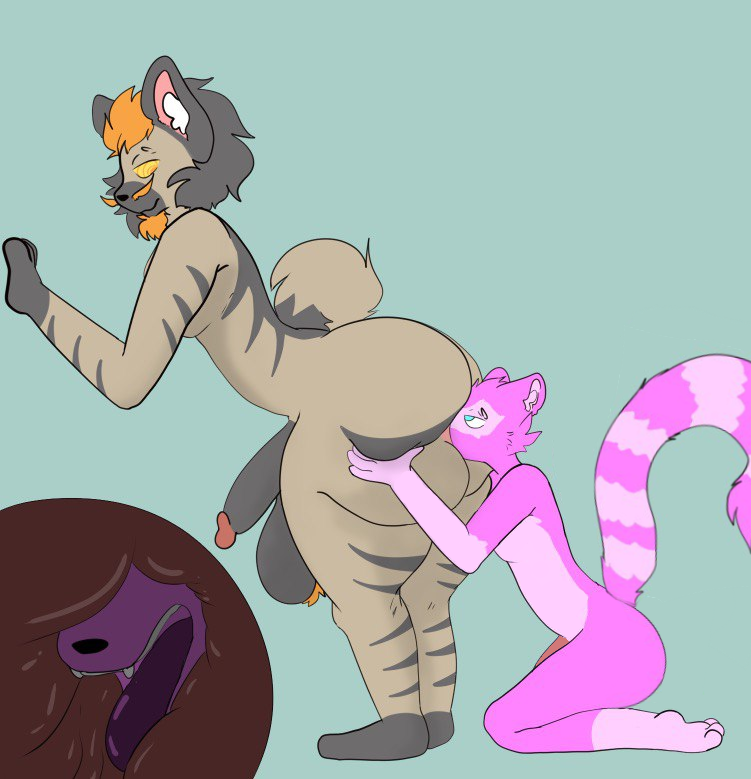 anthro balls big_balls big_butt big_penis butt duo fur genitals hypnotic_eyes internal kneeling looking_back looking_pleasured male male/male mammal oral penis pink_body pink_fur procyonid raccoon sex snout_fuck stripes tycho_(tycho3889) unknown_character unknown_species varknakfrery