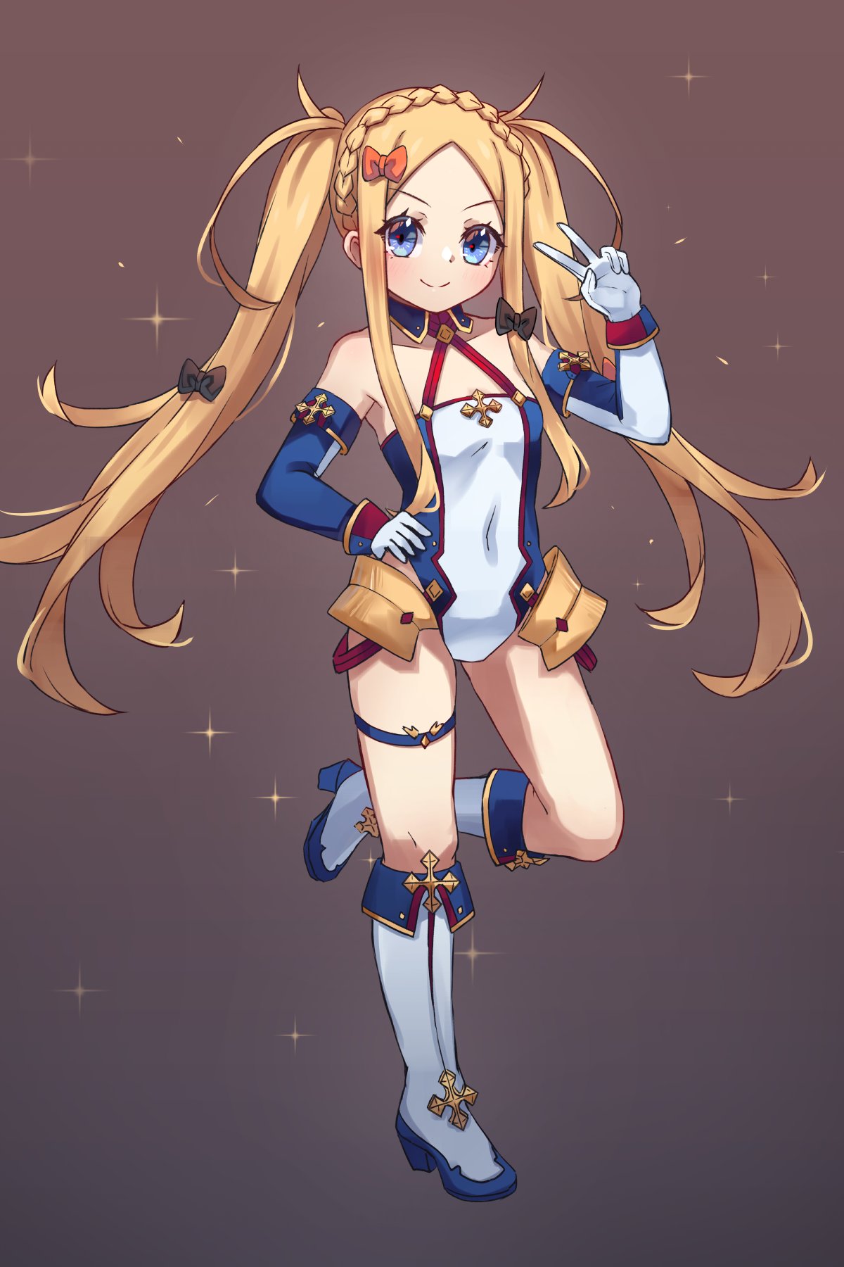 1girl abigail_williams_(fate) armor bangs bare_shoulders black_bow blonde_hair blue_eyes blue_gloves blue_leotard blush boots bow bradamante_(fate) bradamante_(fate)_(cosplay) braid breasts cosplay crown_braid elbow_gloves fate/grand_order fate_(series) faulds forehead full_body gloves hair_bow highleg highleg_leotard highres knee_boots leotard long_hair looking_at_viewer miya_(miyaruta) multiple_bows orange_bow parted_bangs sidelocks small_breasts smile solo thigh_strap two-tone_gloves two-tone_leotard v white_footwear white_gloves white_leotard