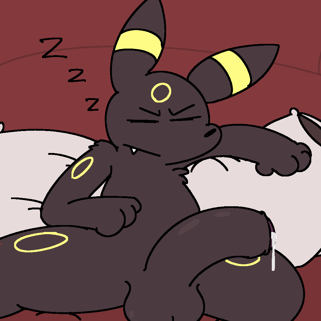 anthro balls bed big_penis bodily_fluids cute_fangs eeveelution furniture generation_2_pokemon genital_fluids genitals half-erect lying male nintendo on_back penis pillow pokemon pokemon_(species) precum silly_imp sleeping solo sound_effects umbreon video_games zzz