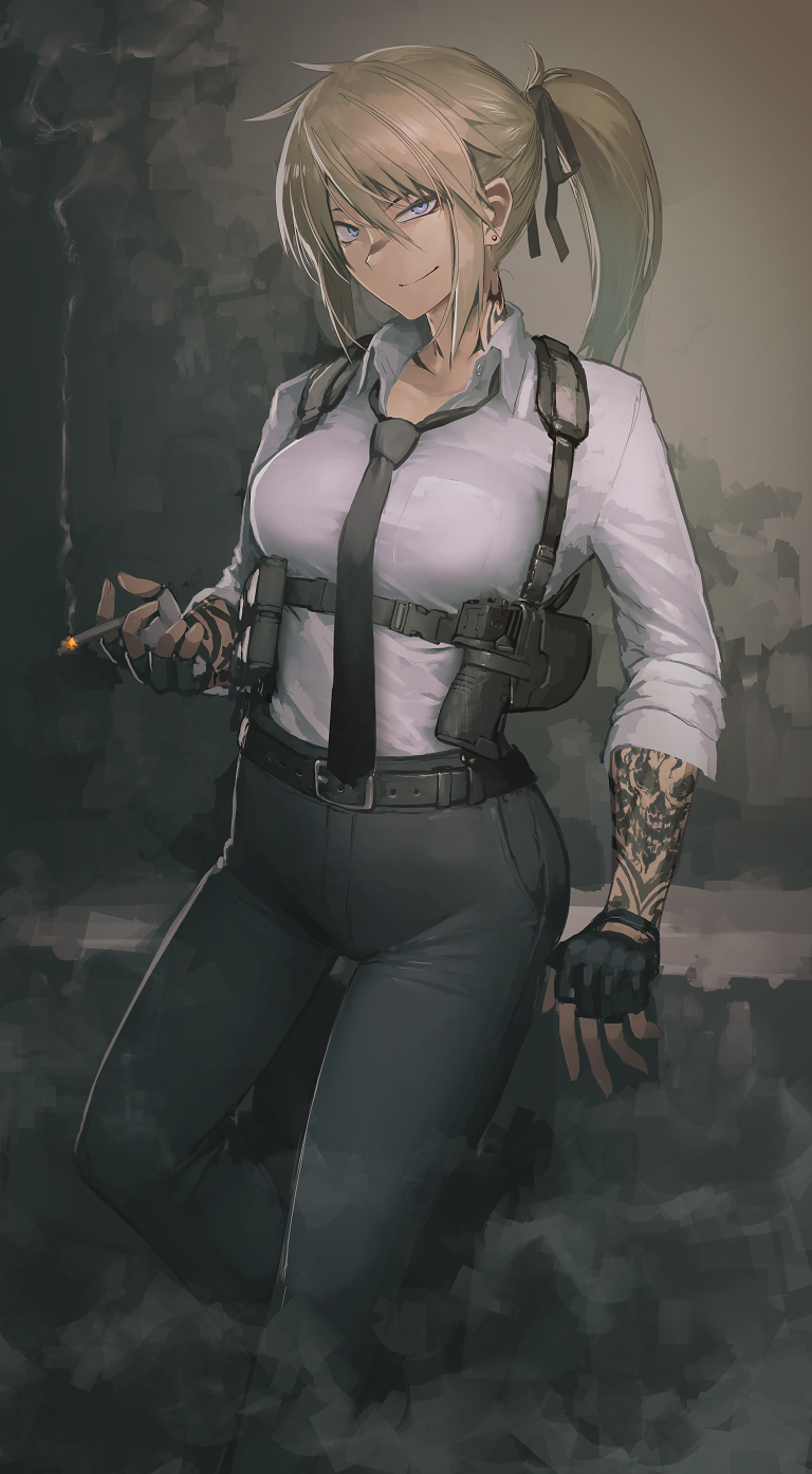 1girl arm_tattoo bangs belt black_belt black_gloves black_necktie black_pants blonde_hair blue_eyes breasts cigarette closed_mouth collared_shirt commission dated_commentary feet_out_of_frame fingerless_gloves gloves gun handgun hetza_(hellshock) highres holding holding_cigarette holster holstered_weapon leaning_on_object long_sleeves looking_at_viewer loose_necktie medium_breasts medium_hair neck_tattoo necktie original pants ponytail shirt sidelocks smile smoke smoking solo suzumi_(hetza) tattoo tight tight_pants weapon white_shirt