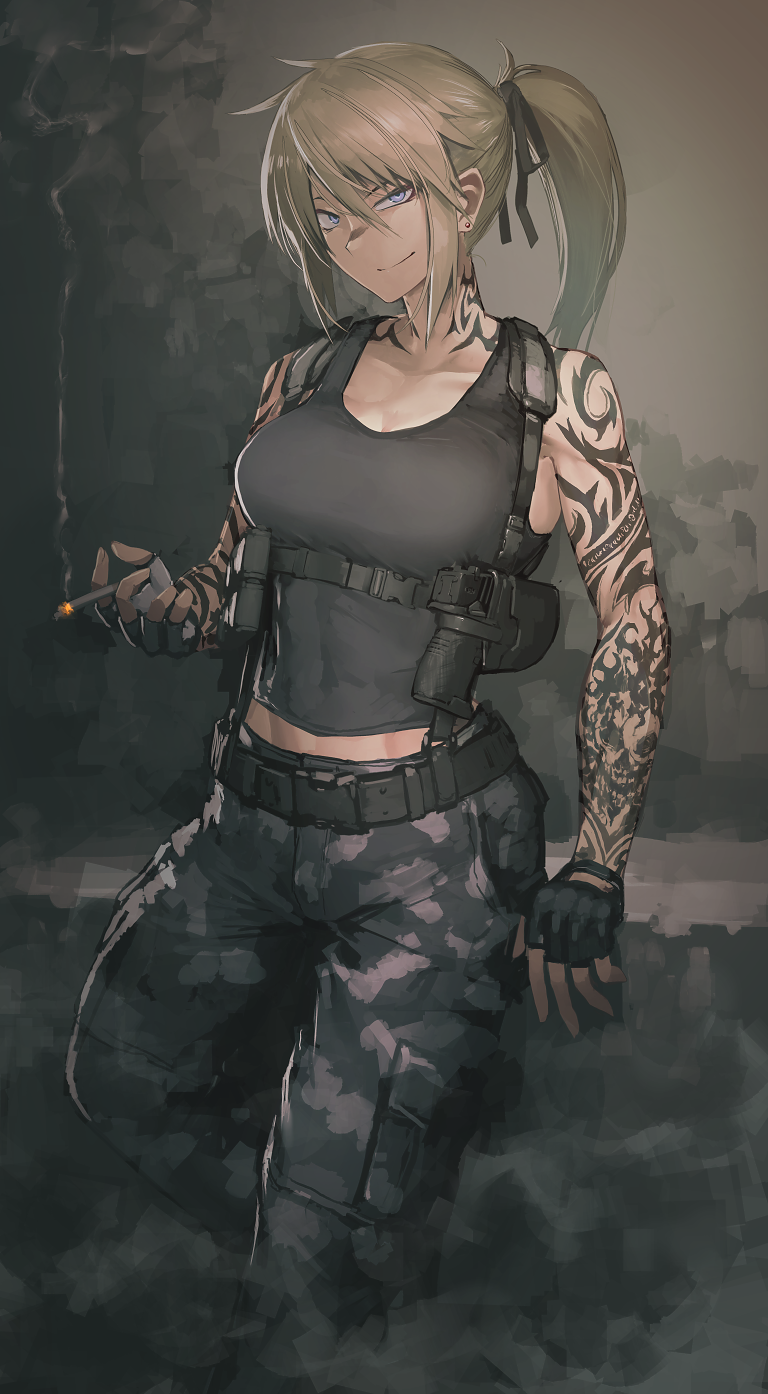 1girl arm_tattoo bangs belt black_belt black_gloves black_pants black_tank_top blonde_hair blue_eyes breasts camouflage camouflage_pants cargo_pants cigarette closed_mouth commission covered_navel dated_commentary earrings feet_out_of_frame fingerless_gloves gloves gun hair_ribbon handgun hetza_(hellshock) highres holding holding_cigarette holster holstered_weapon jewelry leaning_on_object looking_at_viewer medium_breasts medium_hair midriff_peek neck_tattoo original pants ponytail ribbon shoulder_tattoo sidelocks smile smoke smoking solo suzumi_(hetza) tank_top tattoo weapon