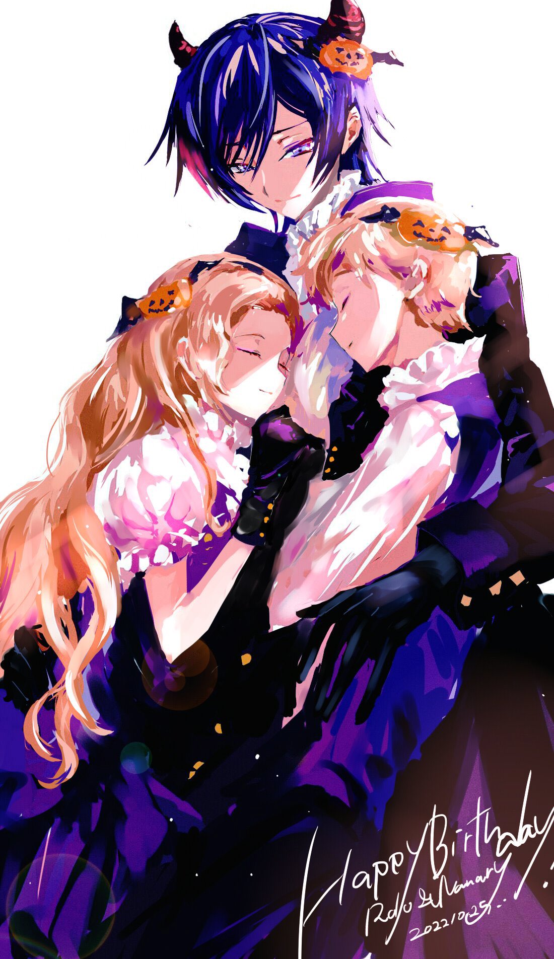 1girl 2boys amatu_trabajo arm_around_back black_gloves brother_and_sister brothers brown_hair closed_eyes code_geass gloves happy_birthday highres horns lelouch_lamperouge light_brown_hair multiple_boys nunnally_lamperouge rolo_lamperouge siblings sleeping white_background