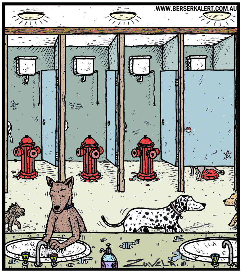 ambiguous_gender bathroom blue_collar canid canine canis collar comic dalmatian domestic_dog feral fire_hydrant fur group humor mammal pink_collar sink spots spotted_body spotted_fur toilet_paper tony_zuvela washing_hands