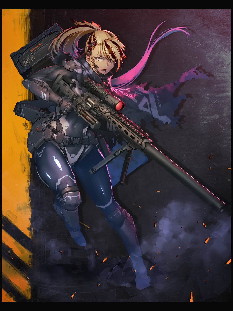 1girl anti-materiel_rifle bangs bipod black_bodysuit black_cape blonde_hair bodysuit box cape commission covered_navel dated_commentary full_body grey_background gun hair_over_one_eye headset hetza_(hellshock) highres holding holding_weapon long_hair looking_at_viewer multiple_sources open_mouth original ponytail rifle skeb_commission smoke sniper_rifle solo torn_clothes two-tone_background weapon yellow_background yellow_eyes
