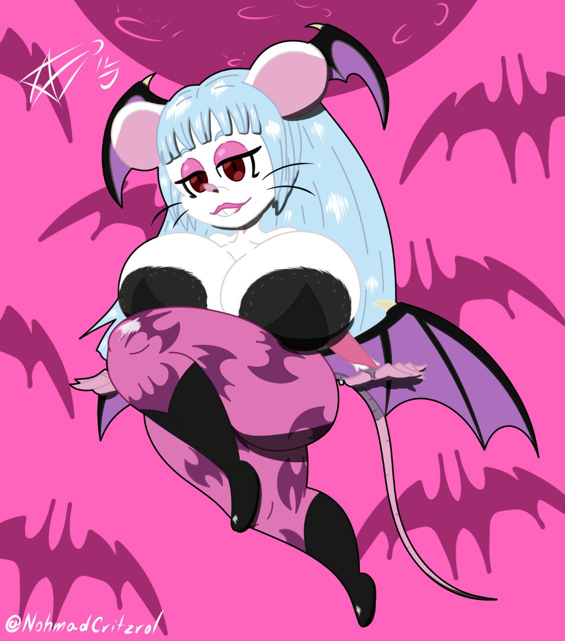 anthro bat_wings big_breasts black_nipples blue_hair boots breasts buckteeth capcom clothing cosplay costume darkstalkers female footwear fur hair hi_res leg_markings legwear makeup mammal markings membrane_(anatomy) membranous_wings morrigan_aensland mouse murid murine nipples nohmad rat rodent socks_(marking) solo stockings teeth thick_thighs tight_clothing vampire video_games white_body white_fur wings winter_(nohmad)