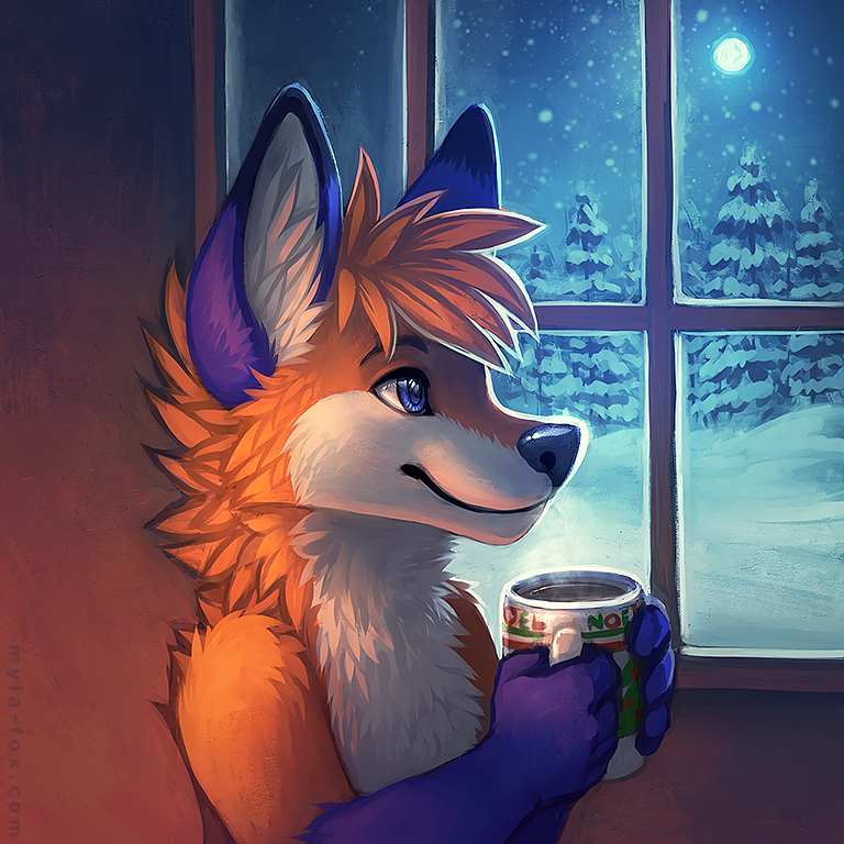 1:1 anthro blue_body blue_eyes blue_fur blue_moon blue_nose bust_portrait canid canine cheek_tuft closed_smile facial_tuft fox fur glistening glistening_eyes gloves_(marking) hair holding_mug holding_object inside male mammal markings mouth_closed mug mylafox neck_tuft nude orange_body orange_fur orange_hair plant portrait shoulder_tuft snow snowing solo text tree tuft url window