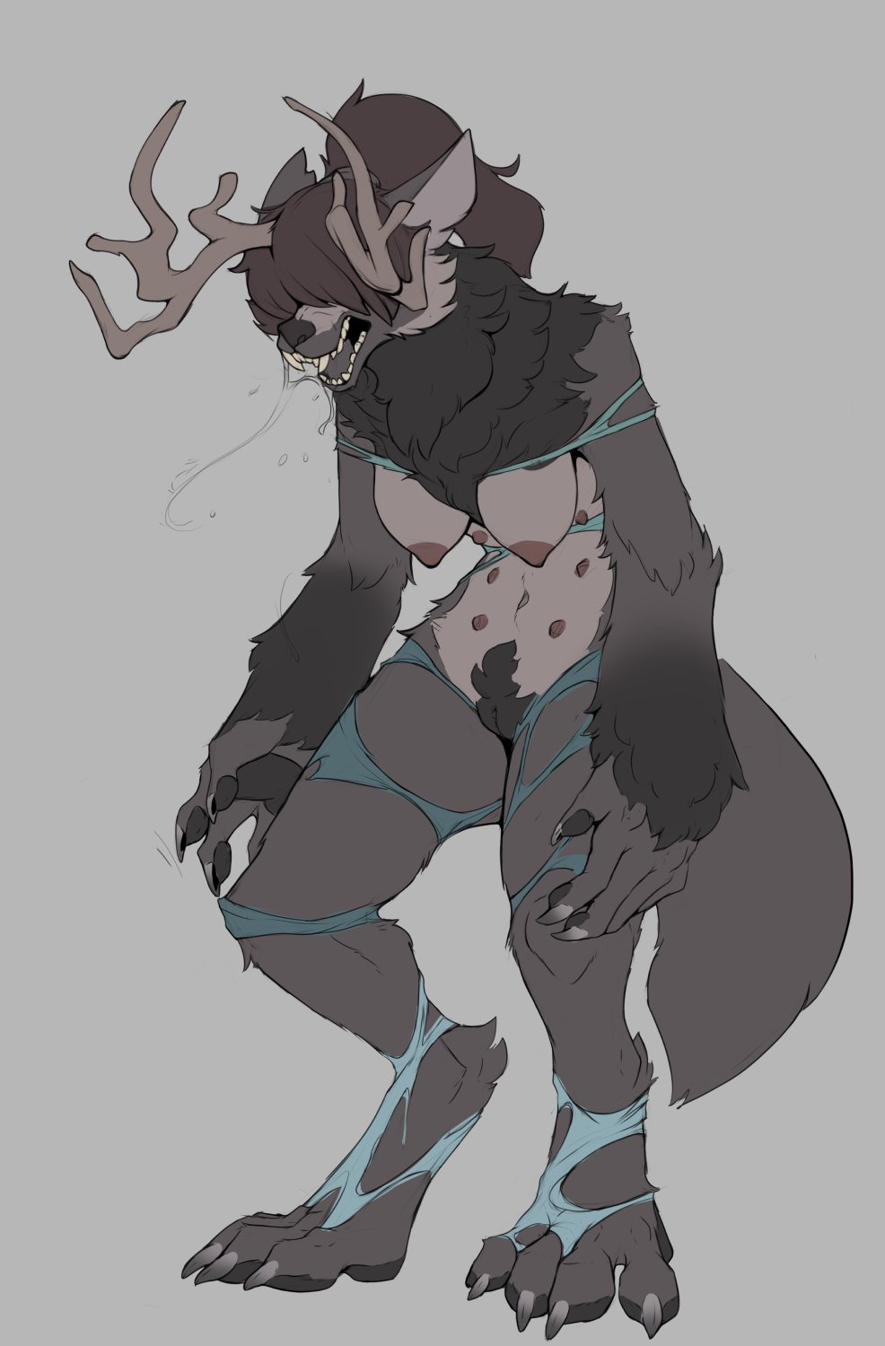 2022 anthro antlers big_breasts bodily_fluids breasts canid canine clothing collaboration female genitals hair hanging_breasts hi_res horn mammal multi_nipple nipples obscured_eyes pussy saliva sharkrags solo torn_clothing watsup were werecanid werecanine werewolf
