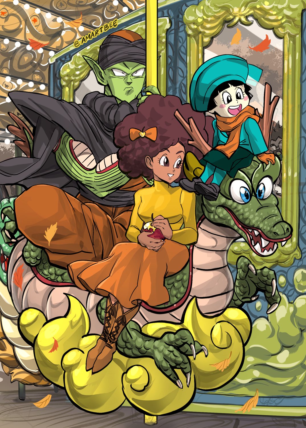 1boy 2girls afro amartbee apple black_hair blue_eyes brown_hair cape child colored_skin dark-skinned_female dark_skin dragon dragon_ball dragon_ball_super dragon_ball_super_super_hero fangs fantasy female_child flying food fruit green_skin hat highres holding holding_food janet_(dragon_ball) multiple_girls muscular open_mouth pan_(dragon_ball) piccolo pointy_ears riding_animal short_hair smile turban