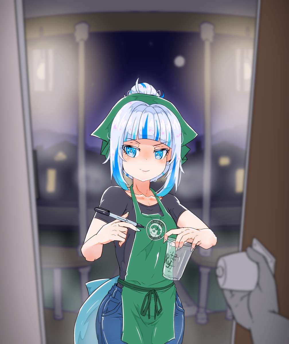 1girl apron black_shirt bloop_(gawr_gura) blue_eyes blue_hair blue_pants city_lights cup disposable_cup door gawr_gura green_apron highres holding holding_cup holding_marker hololive hololive_english iced_latte_with_breast_milk_(meme) looking_at_viewer marker meme moral_cacoethes multicolored_hair pants ponytail shark_girl shirt starbucks streaked_hair virtual_youtuber white_hair