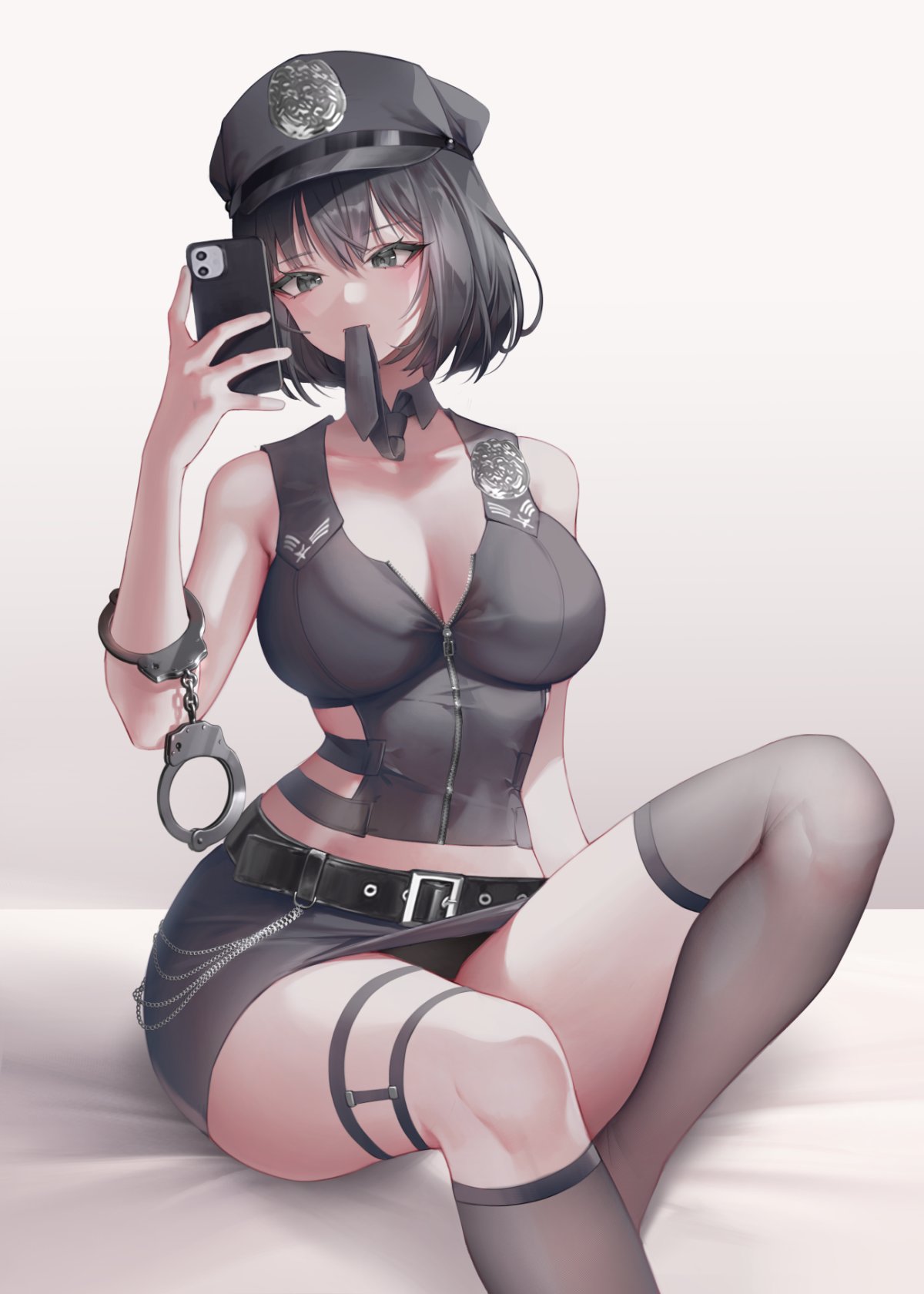 1girl bare_shoulders belt black_hair black_necktie black_panties black_skirt black_socks breasts chain cleavage collarbone cuffs detached_collar english_commentary grey_eyes hand_up handcuff_dangle handcuffs highres holding holding_phone large_breasts legs_folded midriff mouth_hold necktie necktie_in_mouth original panties pantyshot phone police police_badge police_uniform policewoman selfie shadow short_hair simple_background sitting skirt socks solo thick_thighs thighs underwear uniform white_background whois