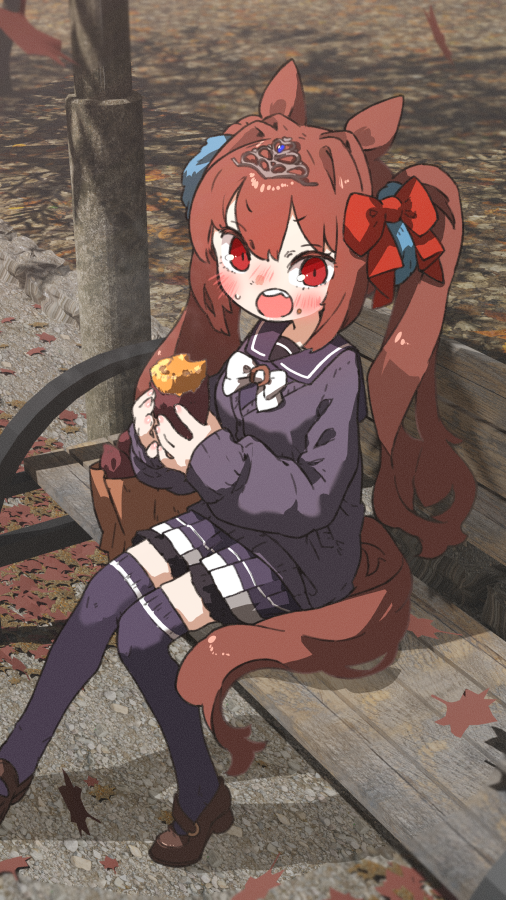 1girl amonitto animal_ears bangs bench blush bow bowtie breasts brown_footwear brown_hair daiwa_scarlet_(umamusume) eating food food_on_face holding holding_food horse_ears horse_girl horse_tail jacket leaf long_hair nose_blush open_mouth outdoors pleated_skirt purple_jacket purple_skirt purple_thighhighs red_eyes school_uniform shadow shoes sitting skirt small_breasts solo sweet_potato tail thighhighs tiara tracen_school_uniform twintails umamusume