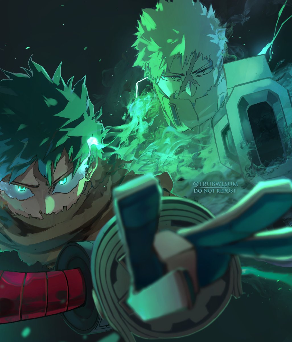 2boys blurry blurry_foreground boku_no_hero_academia cape commentary english_commentary english_text flick fog foreshortening freckles gloves glowing glowing_eyes green_eyes green_hair green_theme hand_on_own_arm high_collar highres looking_at_viewer male_focus midoriya_izuku multiple_boys outstretched_arm scar scar_on_face short_hair spoilers trubwlsum twitter_username v-shaped_eyebrows weapon yellow_cape