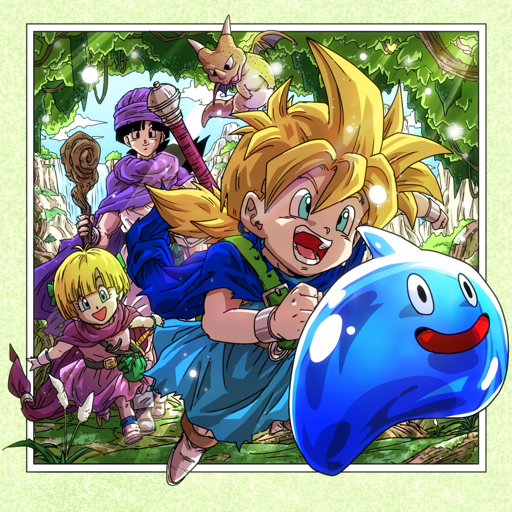 1girl 2boys black_hair blonde_hair blue_eyes blue_sky bracelet brother_and_sister cape cloud cloudy_sky dragon dragon_quest dragon_quest_v father_and_daughter father_and_son female_child full_body hatiware12 hero's_daughter_(dq5) hero's_son_(dq5) hero_(dq5) holding jewelry long_hair low_ponytail male_child multiple_boys outdoors running siblings sky slime_(creature) slime_(dragon_quest) tree turban