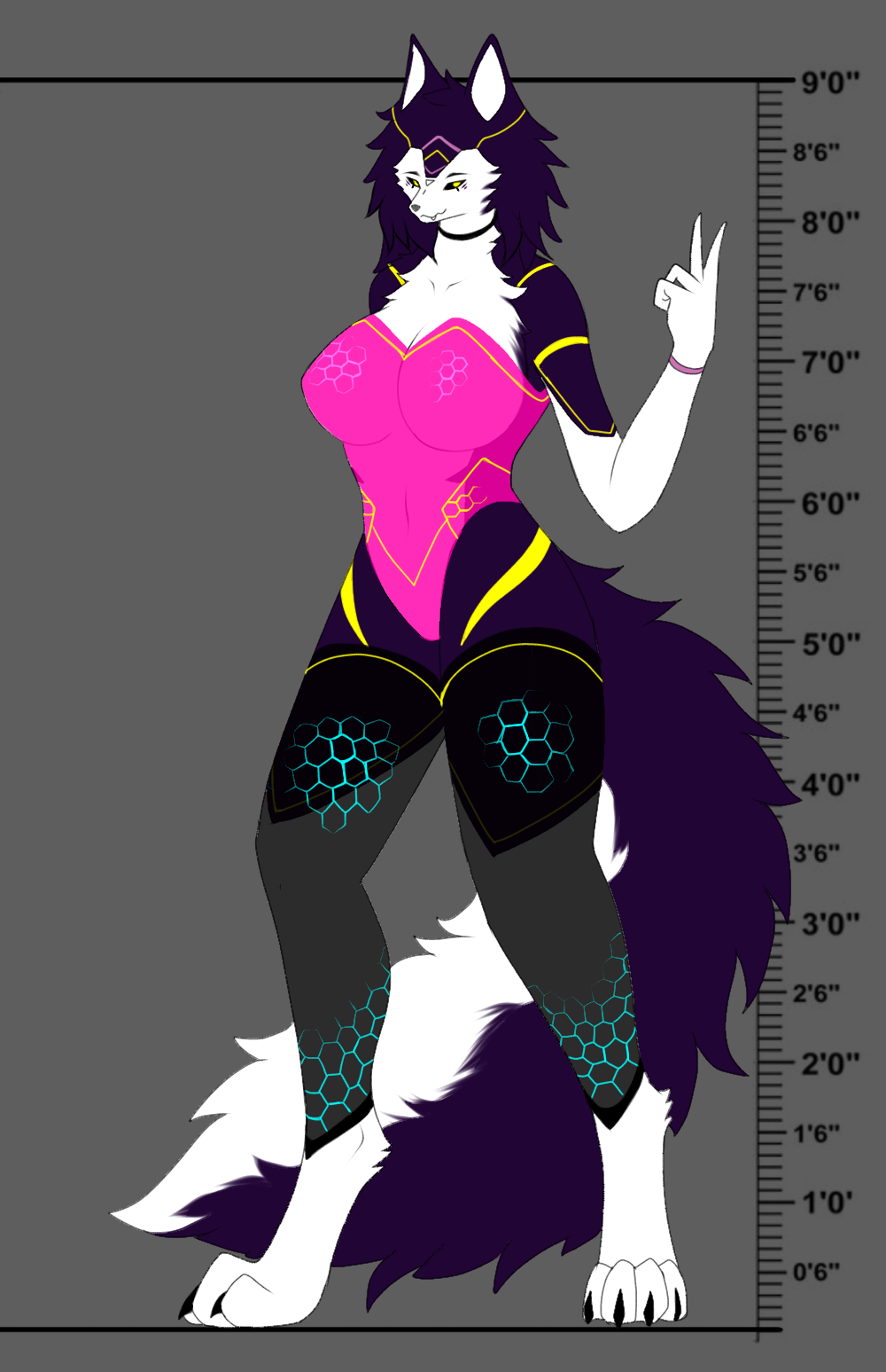 anthro chart female futuristic_clothing glowing glowing_eyes height_chart hi_res husky_alien markings pose solo treniea treniea(fursona)