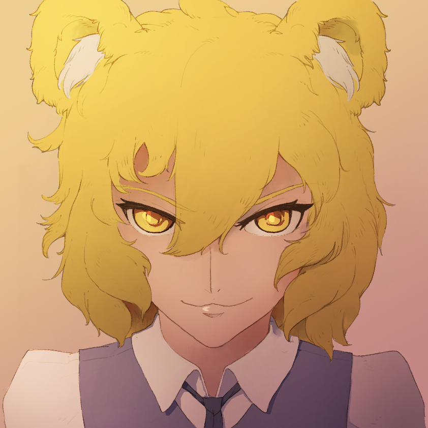 2020 alternate_form ambiguous_gender animal_humanoid blonde_eyebrows blonde_hair blue_clothing blue_topwear blue_vest bust_portrait clothed clothing eyebrows foogyakumo foogyakumo_(character) front_view gradient_background hair humanoid inner_ear_fluff looking_at_viewer male_(lore) necktie portrait simple_background smile smirk solo topwear tuft uniform vest white_dress_shirt yellow_eyes