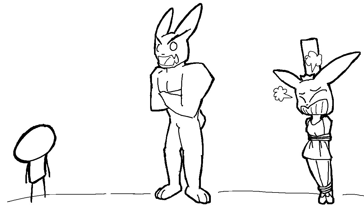 4chan anon anonymous_artist anthro arms_tied bound crown female group human lagomorph legs_tied leporid male mammal monochrome muscular princess rabbit royalty save_the_princess stick_figure trio