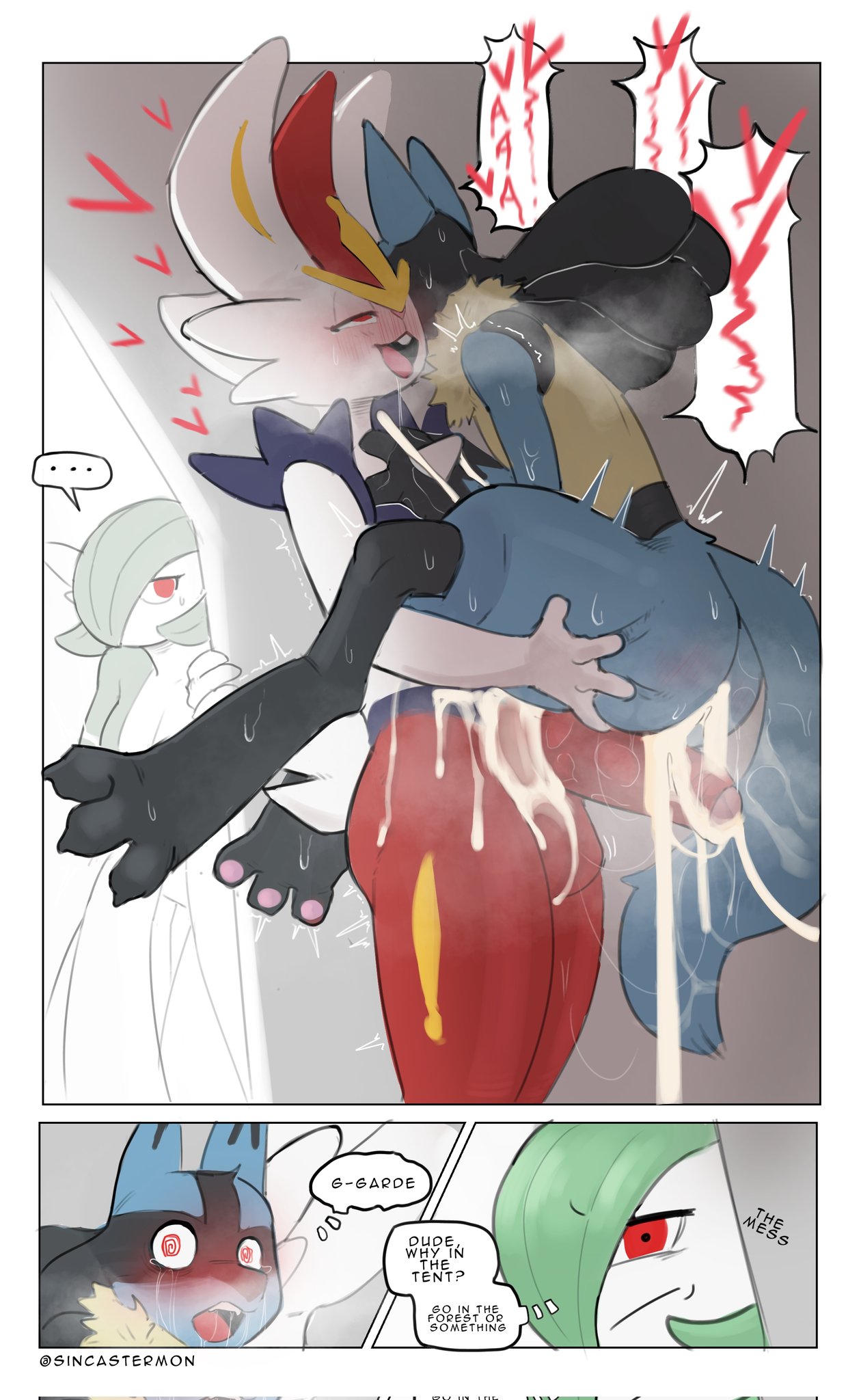 anthro balls biped blue_body blush bodily_fluids cinderace comic cum cum_in_ass cum_inside dialogue duo gardevoir generation_3_pokemon generation_4_pokemon generation_8_pokemon genital_fluids genitals green_body half-erect hi_res humanoid leaking_cum lucario male male/male nintendo pawpads penis pokemon pokemon_(species) red_body red_eyes sex sincastermon stand_and_carry_position standing standing_sex text thought_bubble url video_games white_body