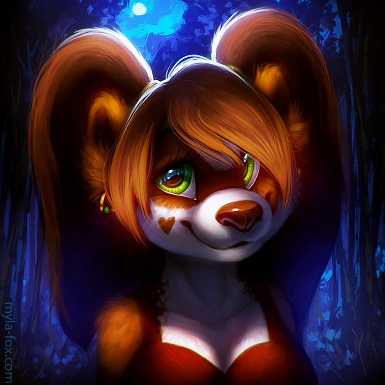 1:1 ailurid anthro blue_moon brown_body brown_fur brown_hair brown_markings brown_nose bust_portrait closed_smile clothed clothing ear_piercing ear_ring eyelashes facial_markings female fur glistening glistening_eyes green_eyes hair head_markings long_hair looking_at_viewer mammal markings moon mouth_closed mylafox outside piercing plant portrait red_clothing red_panda red_topwear ring_piercing solo text topwear tree url white_body white_fur