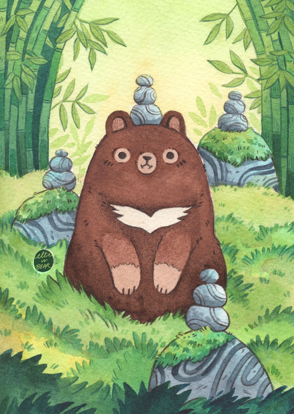 ambiguous_gender bamboo bamboo_tree brown_body brown_fur ellievsbear feral field forest fur grass grass_field hi_res illustration mammal plant rock simple_eyes simple_face smile solo sun_bear tree ursid ursine