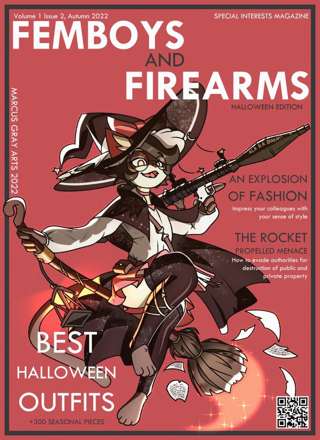 anthro bottomwear broom broom_riding cape choker cleaning_tool clothing cover felid feline fio_(marcus_gray) hat headgear headwear jewelry lamp lantern legwear magazine_cover male mammal marcus_gray necklace paper pouches qr_code ranged_weapon rocket_launcher skirt solo thigh_highs weapon witch_hat