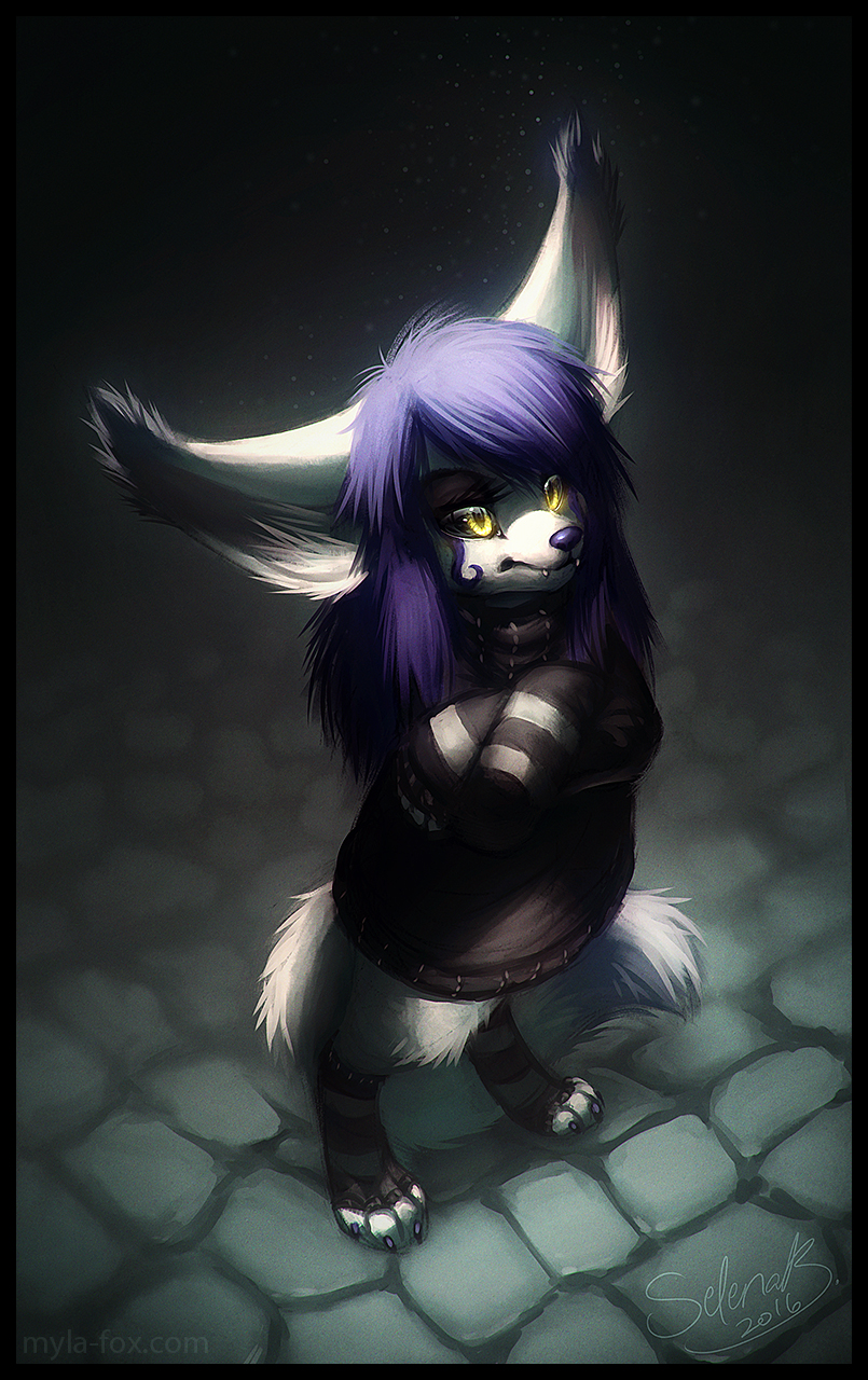 2016 anthro black_clothing black_sclera black_sweater black_topwear blue_body blue_fur canid canine clothed clothing crossed_arms dated eyelashes facial_markings fangs female fennec fox full-length_portrait fur glistening glistening_eyes hair head_markings hi_res mammal markings mouth_closed mylafox portrait purple_hair purple_markings purple_nose signature simple_background solo standing sweater three-quarter_view topwear white_body white_fur yellow_eyes