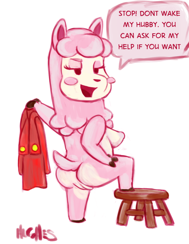 2013 alpaca animal_crossing anthro butt camelid clothing dialogue digital_media_(artwork) digital_painting_(artwork) english_text female full-length_portrait fur furniture genitals hand_on_leg hand_on_thigh infidelity j_hughes mammal naughty_face nintendo open_mouth pink_body pink_fur portrait pussy reese_(animal_crossing) solo step_pose stool text undressing video_games