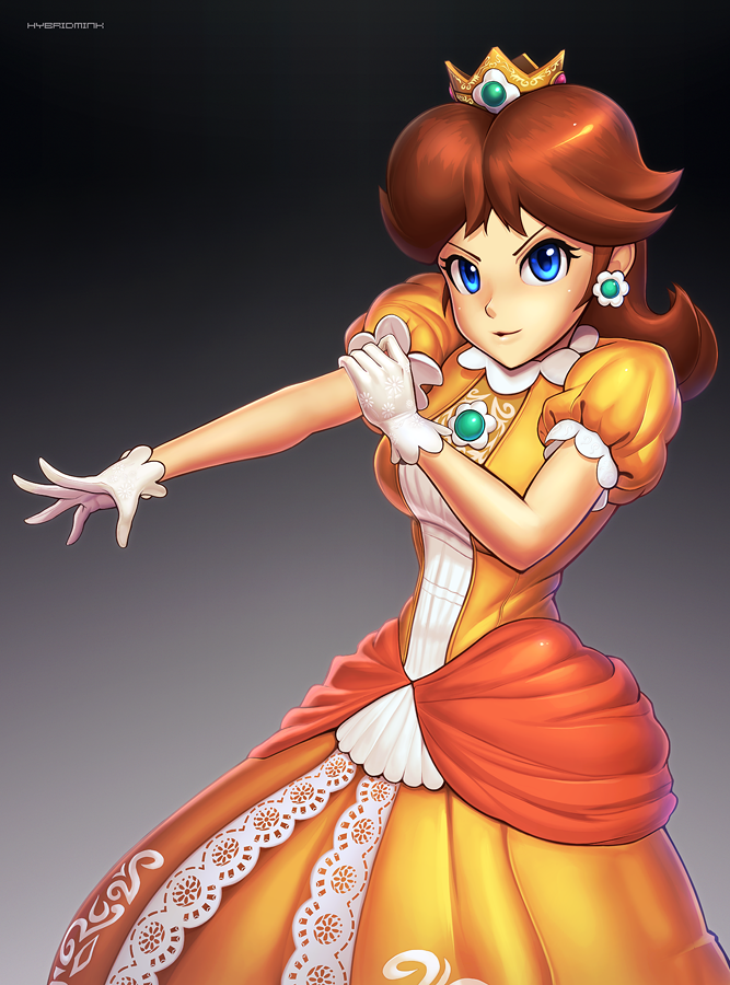 1girl blue_eyes blush breasts brown_hair crown dress earrings flower_earrings gloves hat hybridmink jewelry large_breasts long_hair mario_(series) open_mouth princess_daisy royal smile solo white_gloves