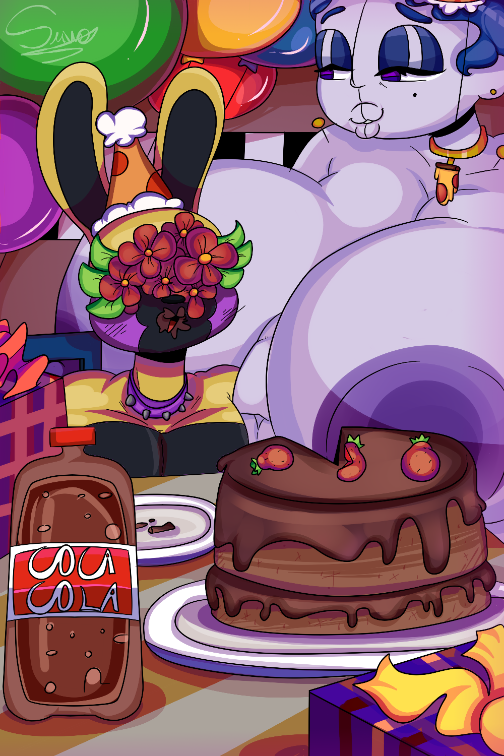 android animal_humanoid animatronic anthro balloon ballora_(fnafsl) beverage big_breasts big_girl bimbo_lip bimbofication birthday birthday_cake birthday_hat birthday_party birthday_sex blue_hair breast_squish breasts cake candy chocolate chocolate_cake chubby_female clothed clothed/nude clothed_male_nude_female clothing coca-cola dark_blue_hair dessert dirty_mouth duo ear_piercing ear_ring erect_nipples exposed_breasts fan_character female feral five_nights_at_freddy's flower flower_crown flowers_in_fur flowers_in_hand food gift gift_box gigantes gold_(metal) gold_jewelry gold_necklace hair half-closed_eyes hare hi_res huge_breasts humanoid inflatable jewelry lagomorph lagomorph_humanoid leporid leporid_humanoid machine male male/female mammal mammal_humanoid mouth_closed narrowed_eyes necklace nipples nipples_touching nude open_mouth piercing plant rabbit rabbit_humanoid restaurant ring_piercing robot robot_humanoid scottgames sex show_boobs sister_location size_difference smaller_male soda soda_bottle squish suwo_director_(artist) suwodirector video_games white_body yellow_body