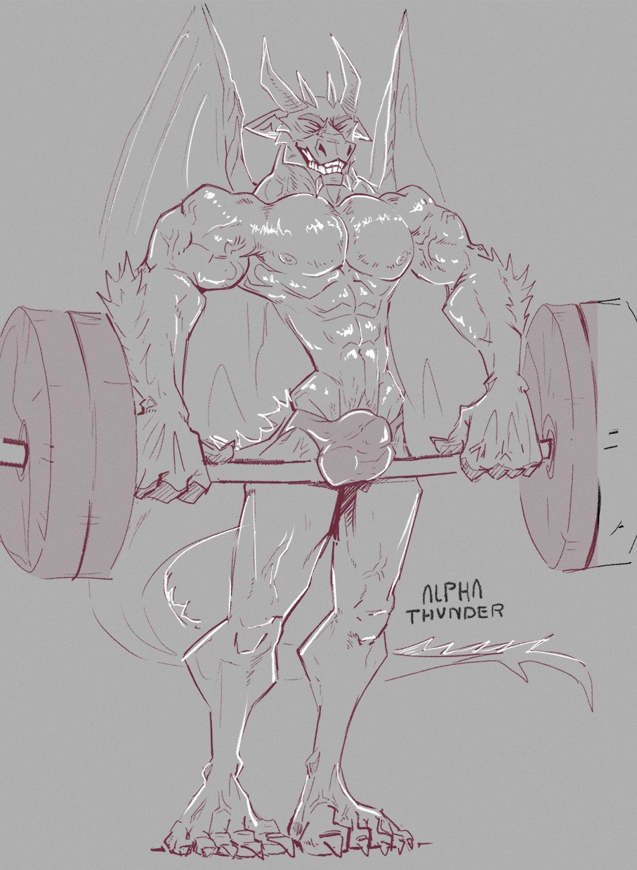 abs alpha-thunder anthro biceps bottomwear clenched_teeth clothing dragon exercise feet hi_res horn humanoid_feet male manly muscular muscular_anthro muscular_male pecs smile solo speedo spikes spikes_(anatomy) swimwear teeth vein veiny_muscles weightlifting weights weights_on_balls wings workout