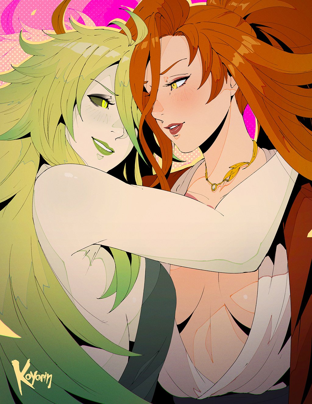 2girls azeyma barbariccia breasts colored_sclera english_commentary final_fantasy final_fantasy_xiv green_eyes green_hair green_sclera hair_between_eyes high_ponytail highres koyorin large_breasts lips long_hair looking_at_another multiple_girls orange_hair yellow_eyes