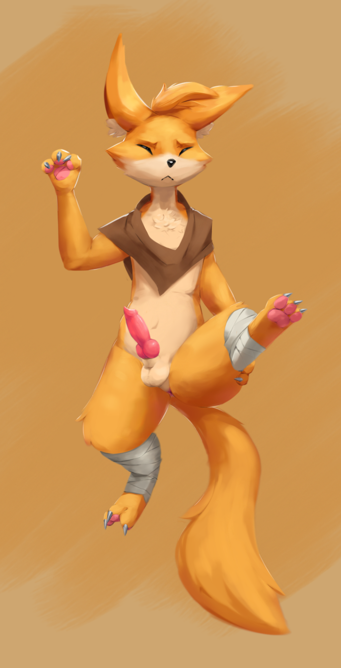 animal_genitalia animal_penis anthro anus balls bandit_hermit_(gunfire_reborn) canid canine canine_penis clothed clothed/nude clothing digital_media_(artwork) digital_painting_(artwork) digitigrade erection fox fur genitals gunfire_reborn hair hi_res male mammal mostly_nude nude pawpads paws penis presenting raised_leg simple_background solo undercover_bluejay