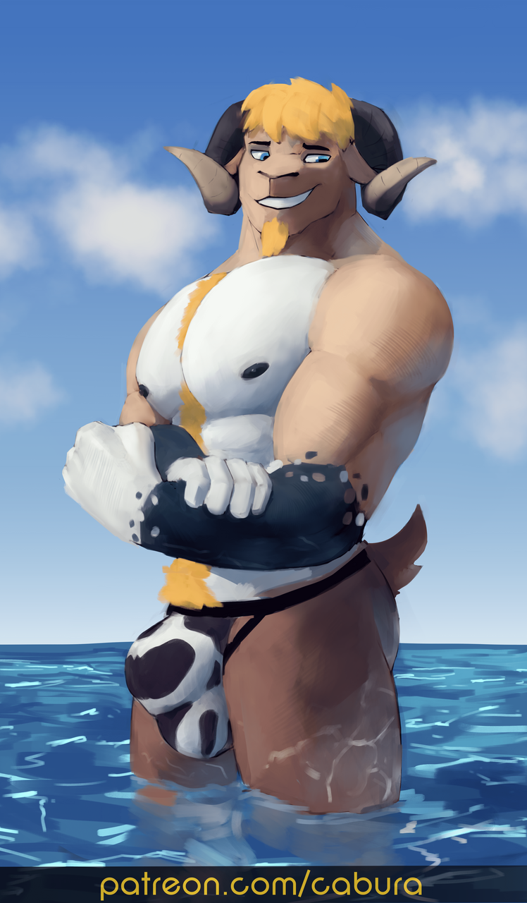 2022 5_fingers abs anthro artist_name big_bulge biped black_nipples blonde_facial_hair blonde_hair blonde_pubes blue_eyes blue_sky body_hair bovid bovid_horn brown_body brown_fur bulge cabura caprine caprine_horn clothing cloud colored detailed_bulge digital_media_(artwork) facial_hair fingers fist flexing fur glistening gloves_(marking) goat goatee hair happy_trail hi_res horizontal_pupils horn jockstrap looking_away male mammal markings mocca_(character) multicolored_body muscular muscular_anthro muscular_arms muscular_male nipples nude partially_submerged patreon patreon_username pecs pubes pupils ram_horn reflection shaded simple_background sky smile smirk solo standing underwear water water_reflection white_body white_fur yellow_body yellow_fur