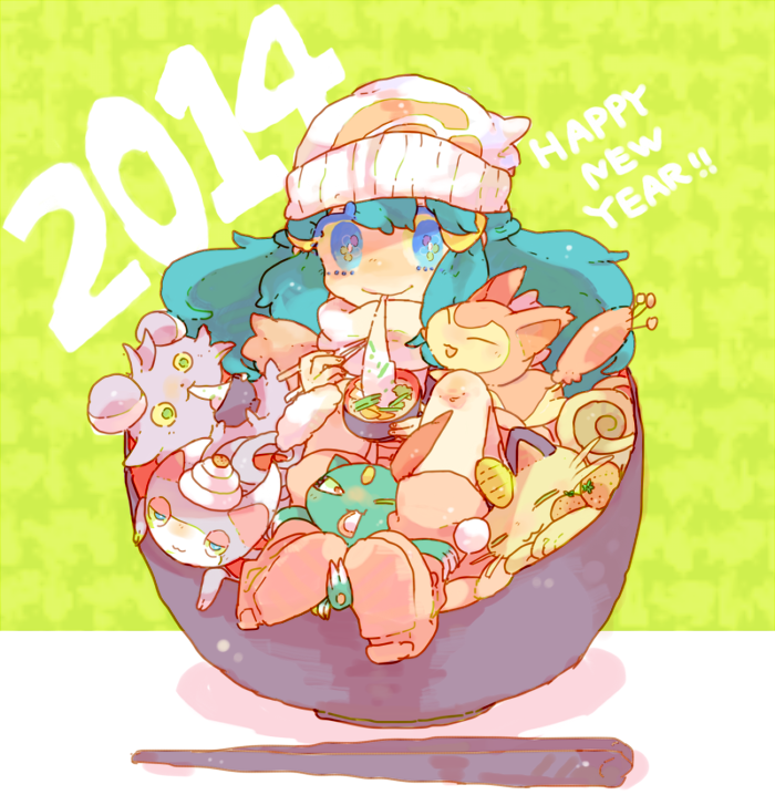 1girl 2014 beanie blue_eyes blue_hair boots bowl chopsticks closed_mouth colored_eyelashes dawn_(pokemon) espurr food fruit glameow hair_ornament happy_new_year hat holding holding_bowl holding_chopsticks in_bowl in_container katiko long_hair meowth orange_(fruit) pink_footwear pokemon pokemon_(creature) pokemon_(game) pokemon_dppt scarf skitty smile sneasel white_headwear white_scarf