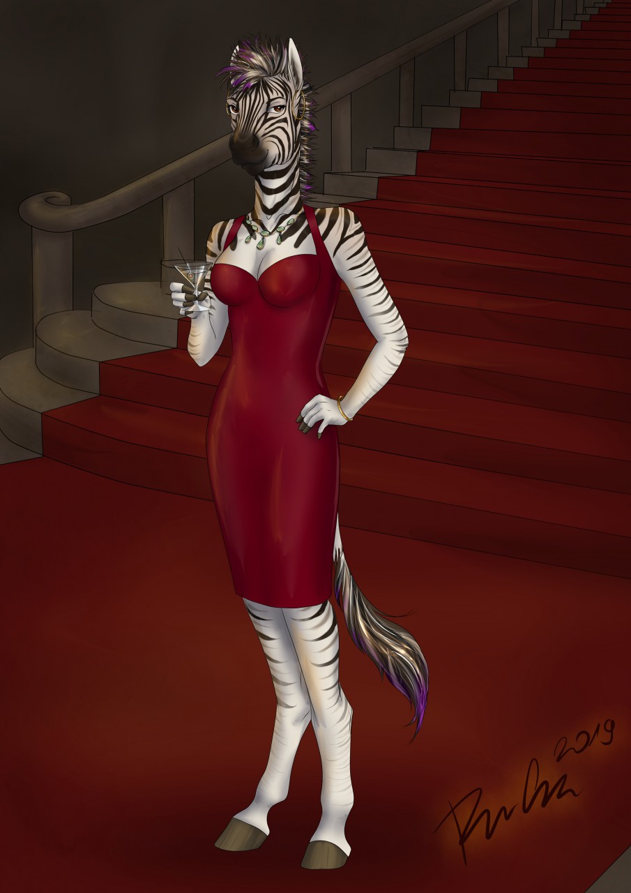 2019 5_fingers anthro breasts clothed clothing cocktail_glass container cup digital_media_(artwork) dress drinking_glass ear_piercing ear_ring equid equine female fingers glass glass_container glass_cup hair hand_on_hip hi_res hooves jewelry looking_at_viewer mammal multicolored_hair necklace piercing red_carpet red_clothing red_dress ring_piercing rufciu smile solo stairs stripes two_tone_hair two_tone_tail zeana_(wasen) zebra