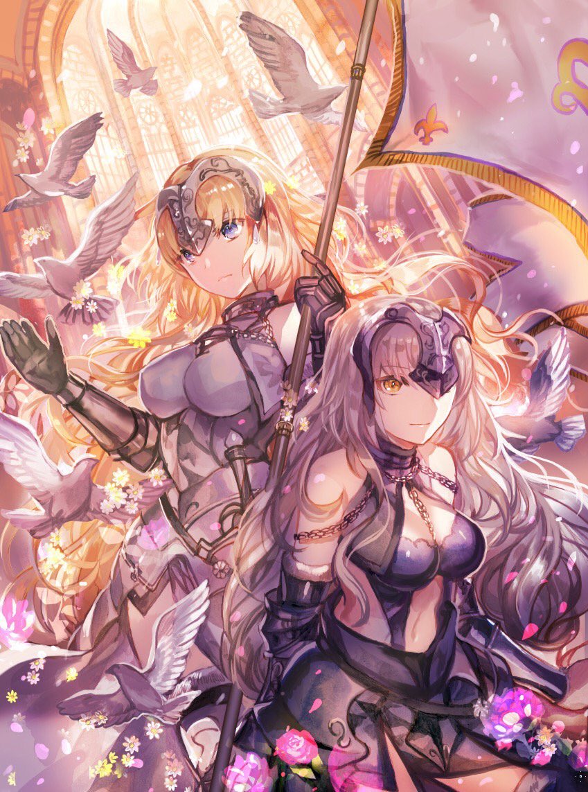 2girls architecture armor armored_dress bare_shoulders bird black_dress blonde_hair blue_eyes breasts chain church cleavage closed_mouth dove dress dual_persona fate/grand_order fate_(series) flag flower fur-trimmed_sleeves fur_trim gauntlets grey_hair hand_up headpiece indoors jeanne_d'arc_(fate) jeanne_d'arc_alter_(fate) large_breasts light_smile long_hair midriff multiple_girls navel petals pink_flower pink_rose rioka_(southern_blue_sky) rose rose_petals stomach yellow_eyes