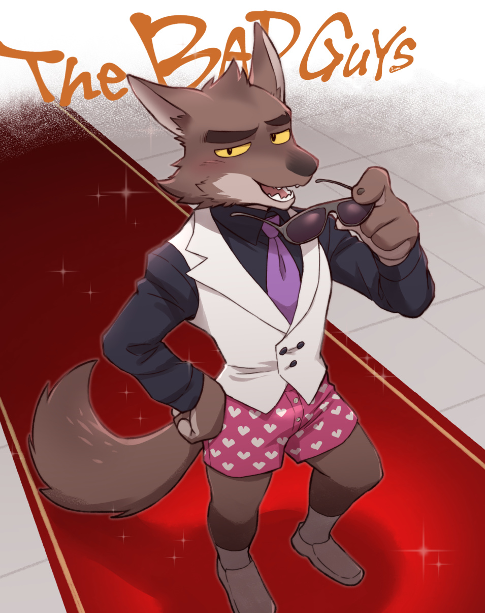 &lt;3 2022 anthro blush boxers_(clothing) brown_body brown_fur canid canine canis clothed clothing cotton_(artist) dreamworks eyebrows eyewear formal_wear fur heart_underwear hi_res looking_at_viewer male mammal mr._wolf_(the_bad_guys) necktie pantsless raised_eyebrow solo suit sunglasses the_bad_guys topwear underwear vest wolf yellow_sclera