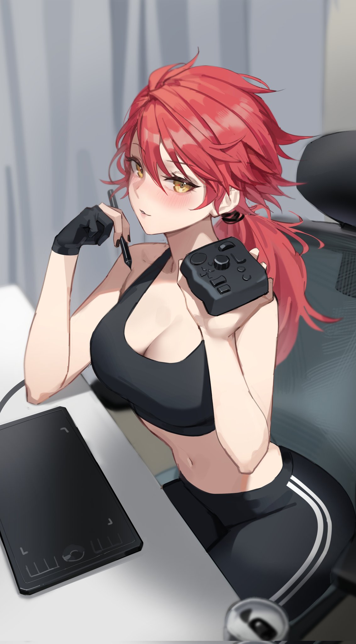 1girl bangs bare_shoulders black_gloves black_nails black_pants black_sports_bra blurry blurry_background blush breasts chair cleavage commentary controller desk drawing_tablet english_commentary game_controller gloves highres holding holding_controller holding_game_controller holding_stylus large_breasts long_hair looking_at_viewer low-tied_long_hair maenoo midriff navel office_chair original pants partially_fingerless_gloves red_hair single_glove sitting sports_bra stylus tablet_pc tourbox yellow_eyes yoga_pants