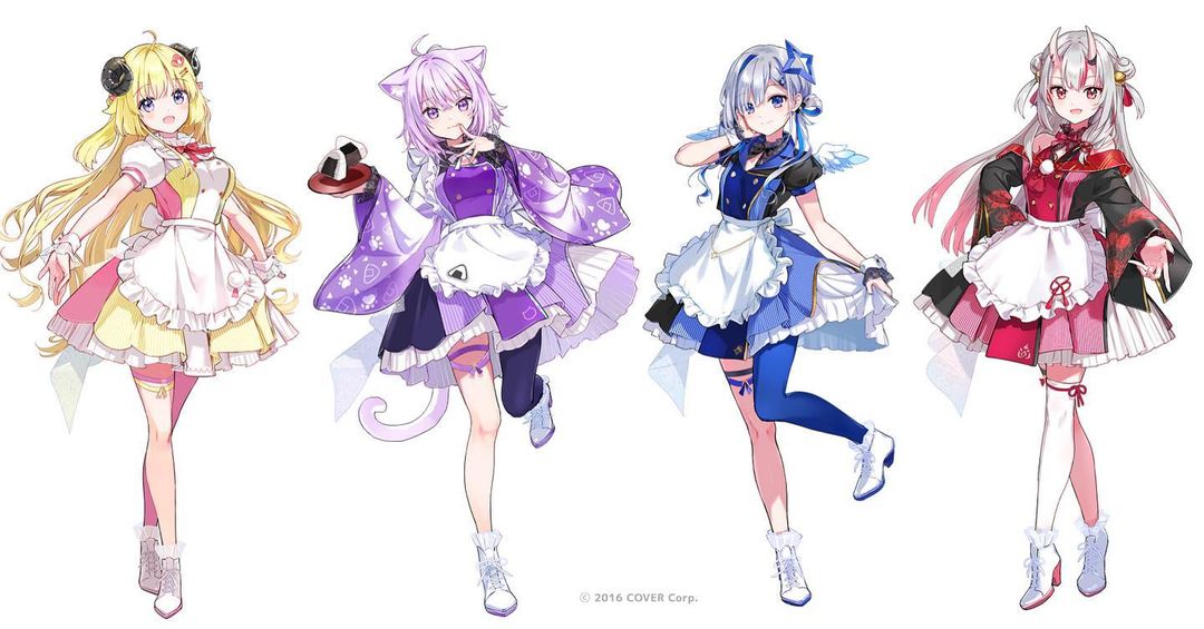4girls ahoge amane_kanata angel angel_wings animal_ear_fluff animal_ears asymmetrical_hair bell blonde_hair blue_hair braid breasts cat_ears cat_girl cat_tail colored_inner_hair copyright_name curled_horns double_bun feathered_wings food full_body gradient gradient_hair gradient_wings grey_hair hair_bell hair_bun hair_ornament hairclip half_updo halo hololive horns jingle_bell large_breasts long_hair long_sleeves mini_wings multicolored_hair multicolored_wings multiple_girls nakiri_ayame nekomata_okayu official_art oni oni_horns onigiri puffy_short_sleeves puffy_sleeves purple_eyes purple_hair red_eyes red_hair sheep_ears sheep_girl sheep_horns short_hair short_ponytail short_sleeves single_hair_intake single_thighhigh skin-covered_horns star_halo streaked_hair tail thighhighs tiv tsunomaki_watame two_side_up very_long_hair virtual_youtuber white_hair white_wings wide_sleeves wings